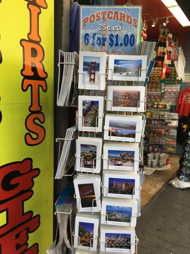 Rack of San Francisco postcards at souvenir shop in Chinatown